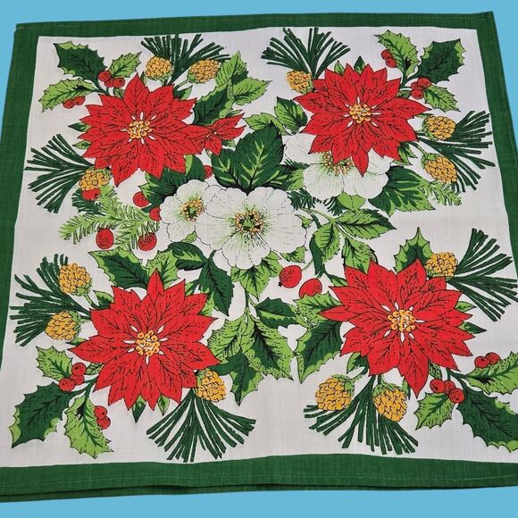 Vintage Floral Poinsettia Holiday Christmas Square Cloth Napkins MCM Set of Two - Picture 9 of 13